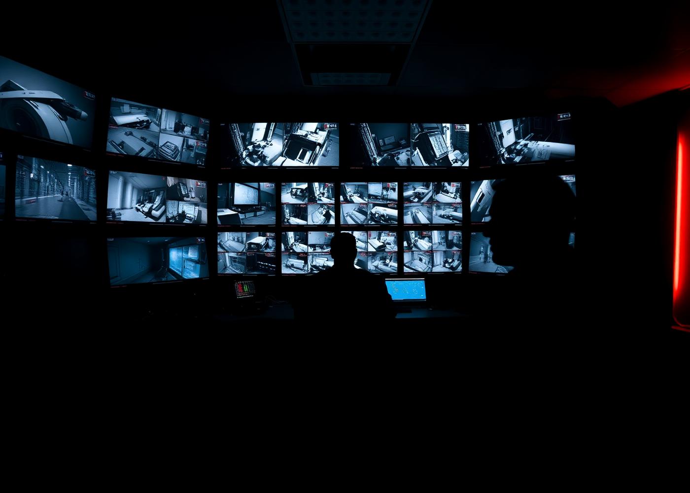 Security control room with a wall of factory surveillance monitors